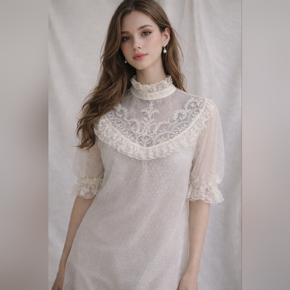 Vtg 70s women 12‎ Edwardian style ivory puff sleeve lace blouse, semi sheer